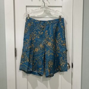 FLAX Designs Linen Shorts Cargo‎ Elastic Waistband Button Closure Floral Small
